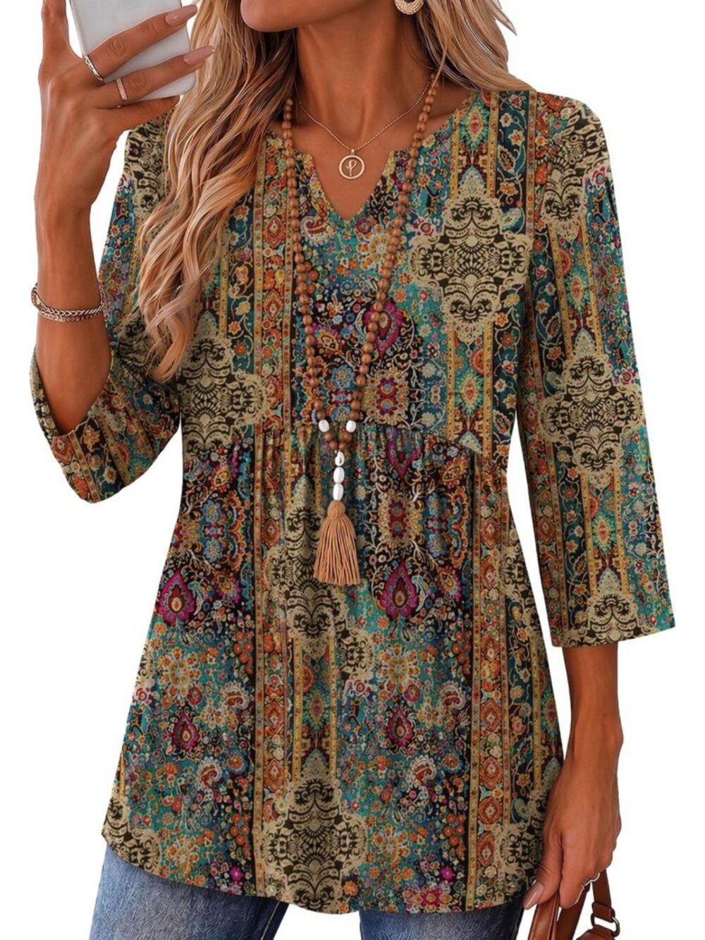 Chic 3/4 Sleeve Women's Blouse - Dressy Casual V-Neck T-Shirt for Summer Outfits